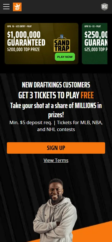 DraftKings Casino mobile home interface combining casino and sportsbook features
