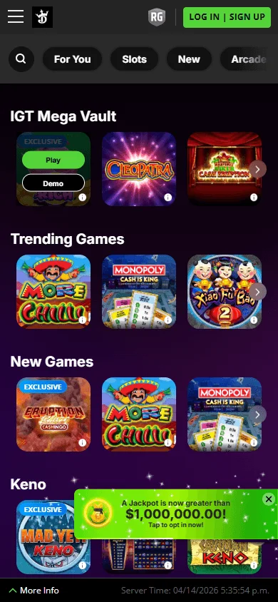 DraftKings Casino mobile games interface with casino and live dealer categories