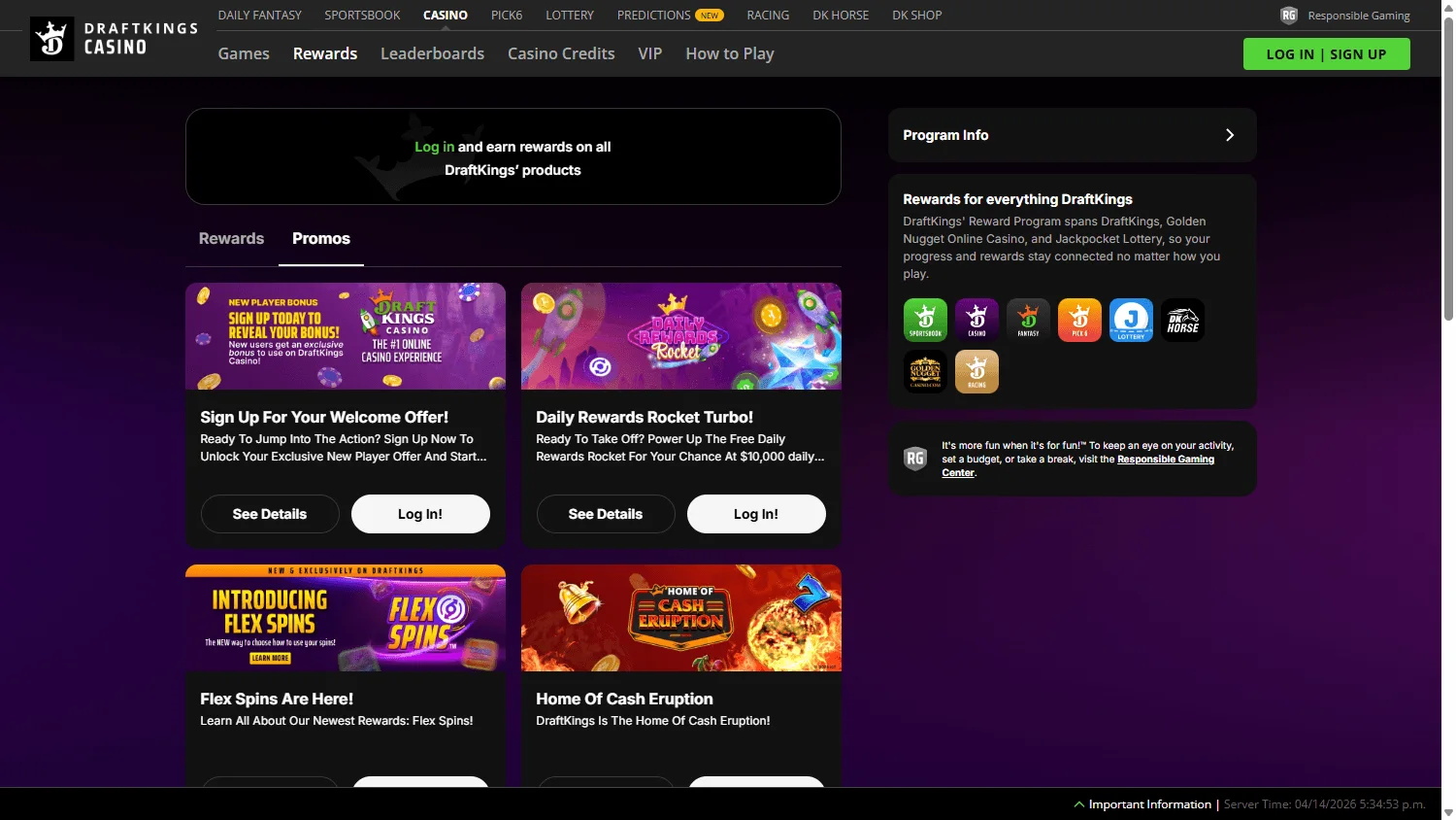 DraftKings Casino desktop promotions interface with rewards and promotional features