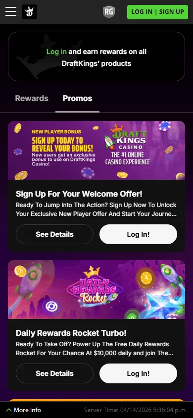 DraftKings Casino mobile promotions interface with casino rewards and missions