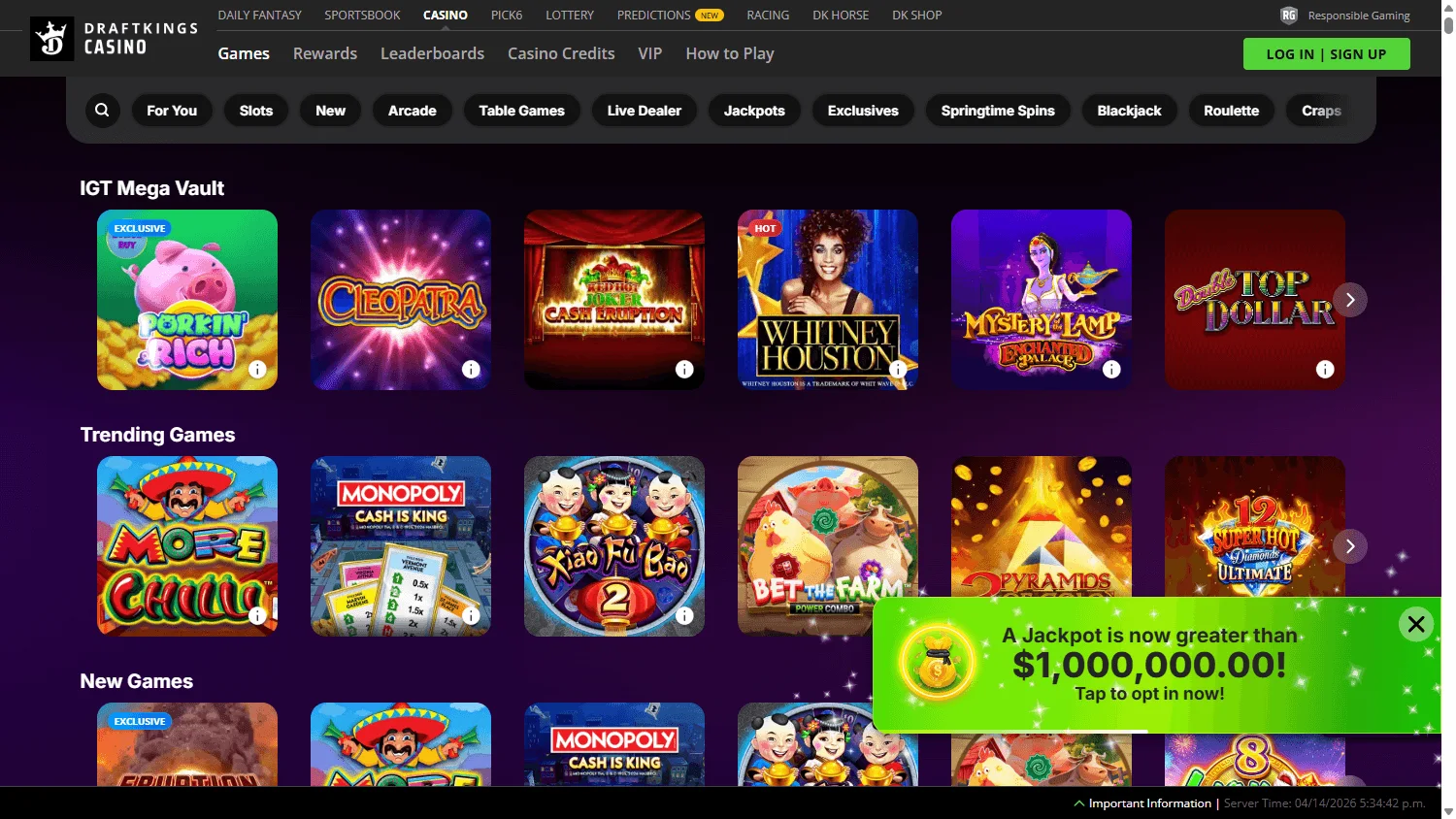 DraftKings Casino desktop games interface with slots, table games and live casino options