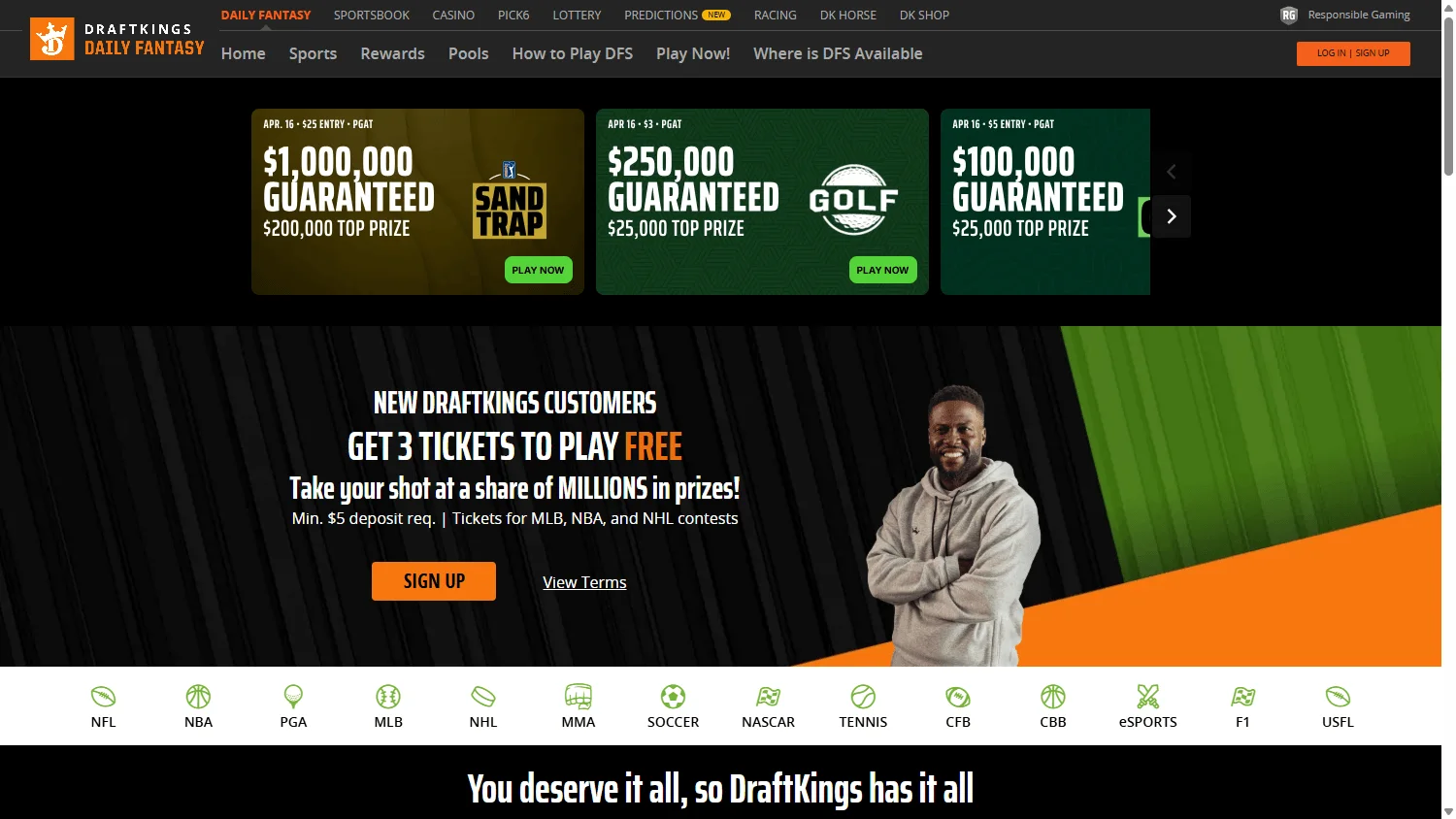 DraftKings Casino desktop home interface with casino and sportsbook features